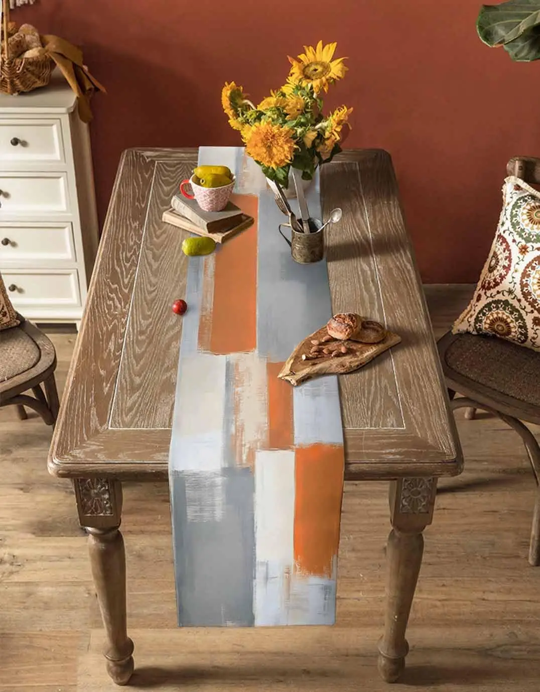 Orange Gray Abstract Art Linen Table Runner Dresser Scarf Table Decor Colorful Geometric Color Blocks Table Runners Party Decor