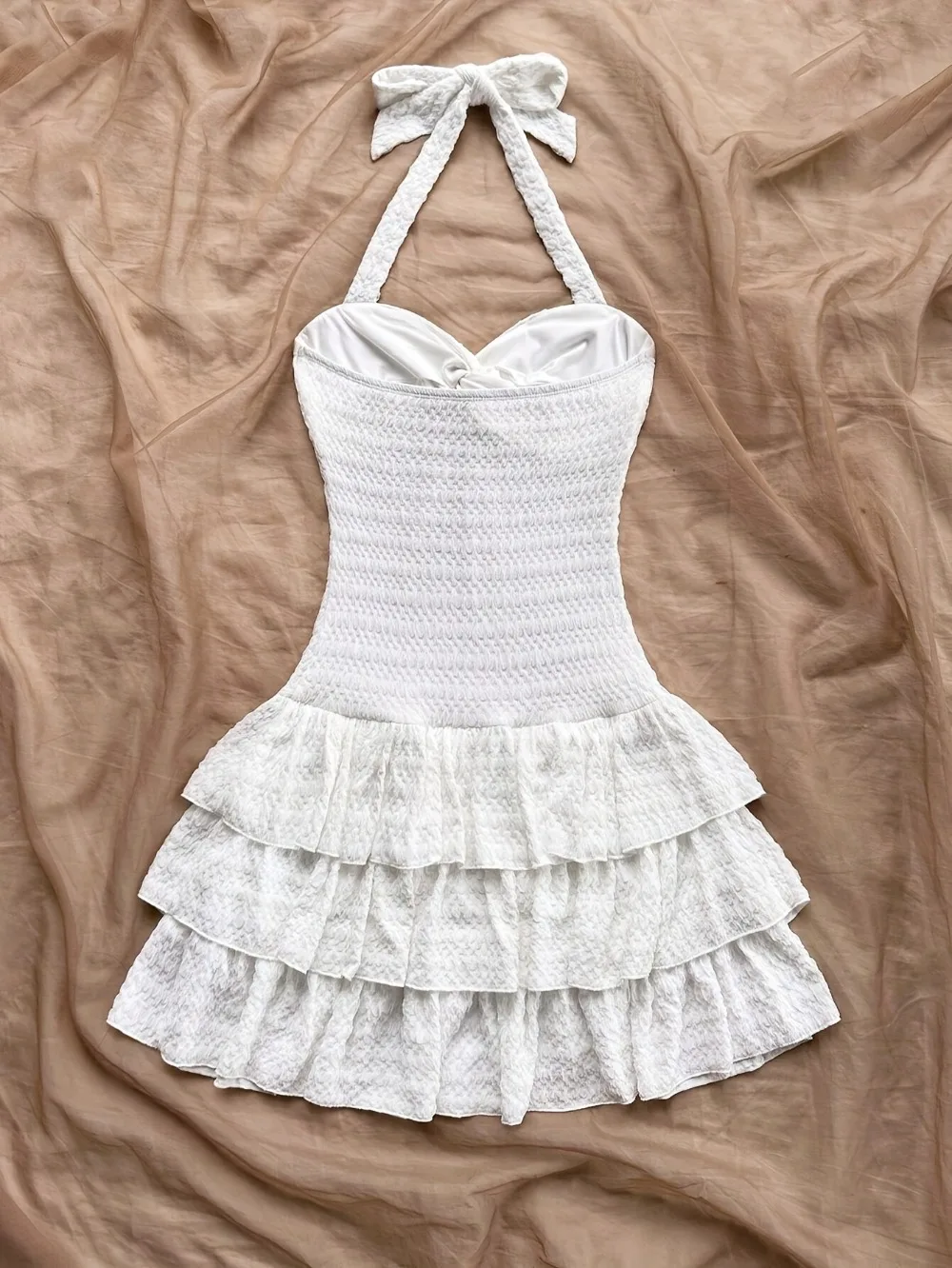 Süßes Minikleid für Damen, Neckholder, Gingham-Schleife, Knopfleiste vorne, Spitze, Rüschensaum, schmale Passform, einfarbig, Schleife, Lolita, Picknick, Sommer-Outfit – Detail 10