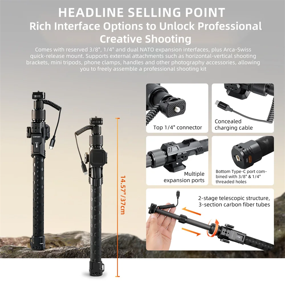 LEAPLIGHT Aluminum Tripod Stand w Telescopic Rod+Charging Cable Jib Arm Desktop for DJI Osmo Pocket 4/4P/3 Luna Live Stream Vlog
