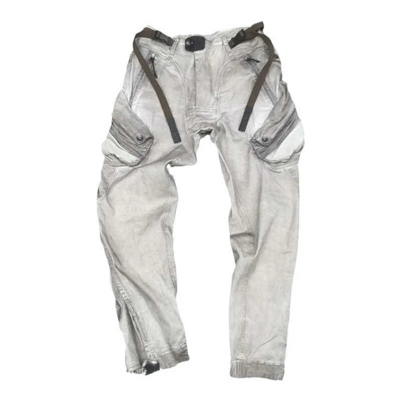 

Zipper Pocket Distressed Dirty Washing Craft Wasteland Style Doomsday Wear Matching Overalls Casual Pants Trousers for Men Women