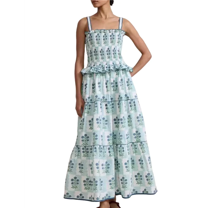 NEW-Women Summer Boho Tie Shoulder Dress Y2k Floral Smocked Flowy Long Dress Ruffle Tiered Beach Vocation Sundress
