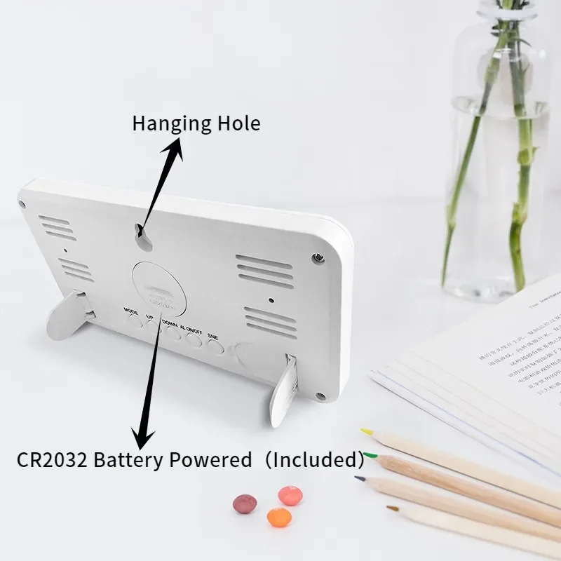 Battery Powered Digital Alarm Clock Time Date Display Snooze Table Clock 12/24H Wall-mounted LCD Clock With CR2032 Battery