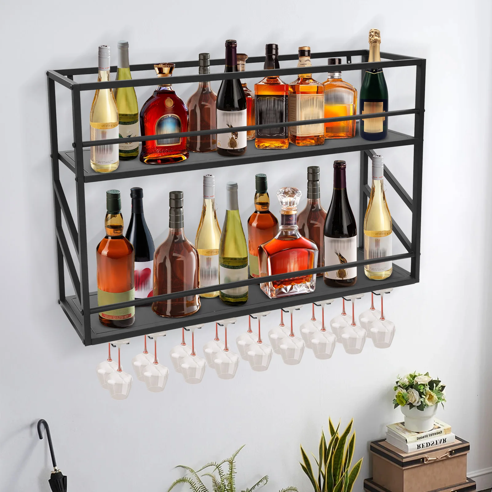

Wall Mounted 2-tier Wall Wine Rack Metal Wine Shelf Glass Holder For Kitchens,dining Rooms, Wine Cellars, Bars 100x20x62cm