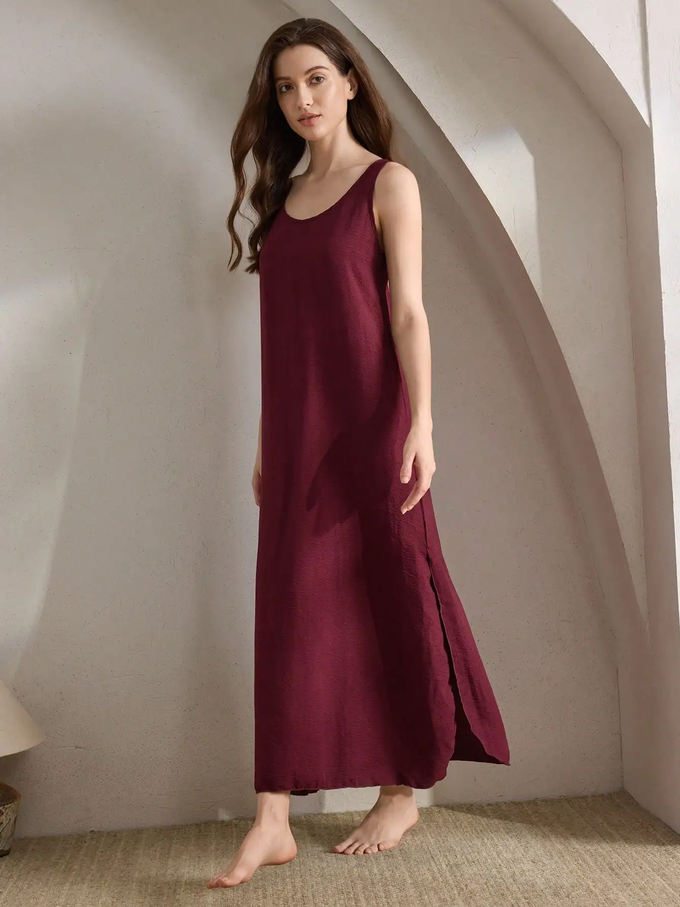 

Women's Loose Solid Sleeveless Maxi Nightgown with Side Slit, Soft Satin Feel