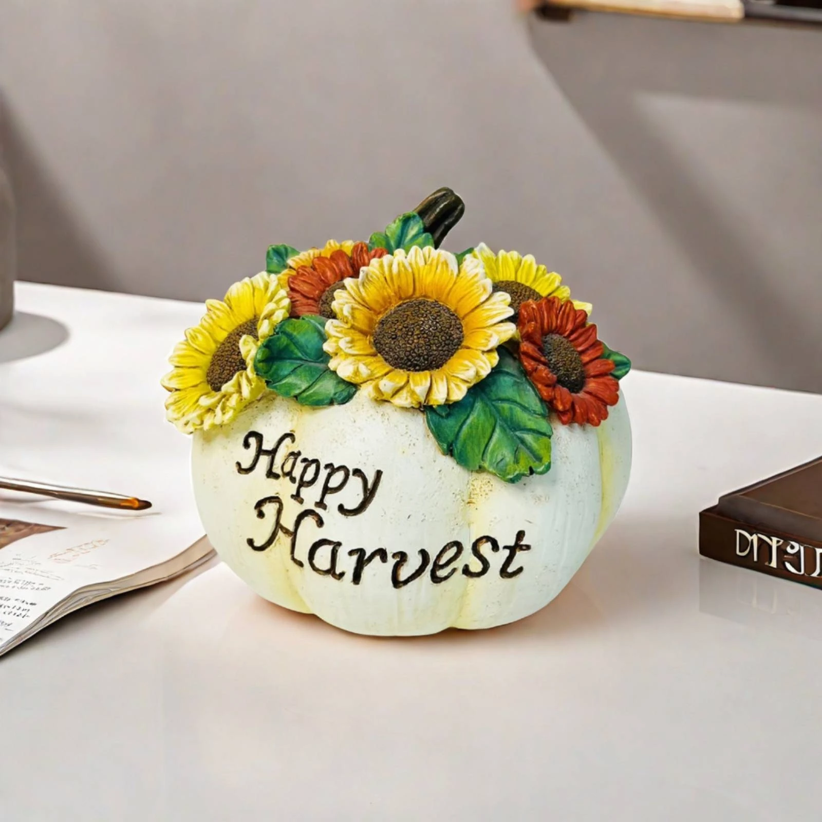 Pumpkin Figurine Fall Pumpkin with Sunflowers Rustic Freestanding for Shelf, Mantel