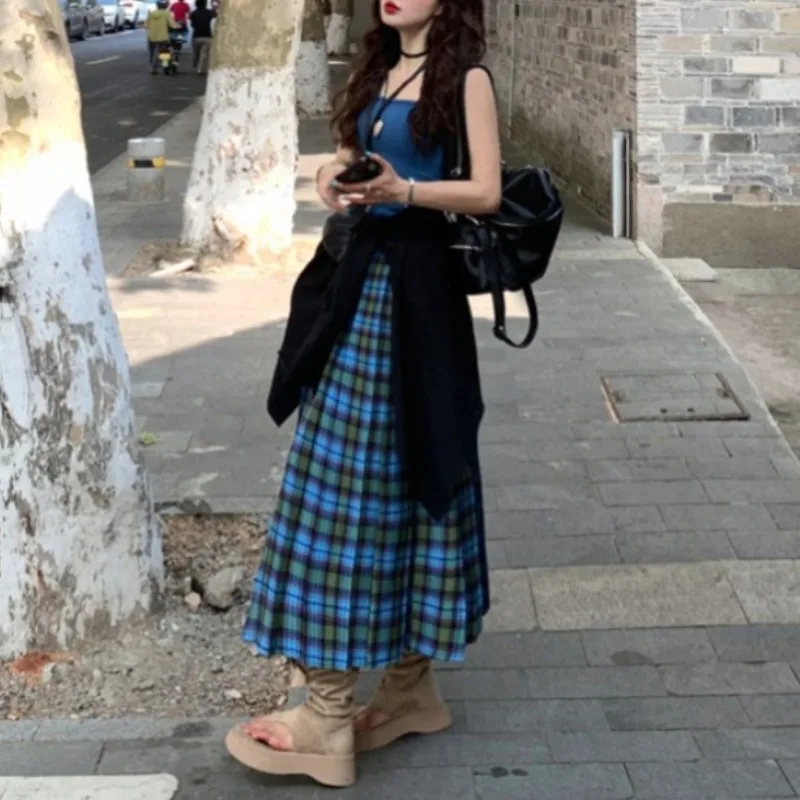 Spring and Summer Vintage Korean Retro High Street Low Waist Plaid Pleated Long Skirt Streetwear Fashion Skirt