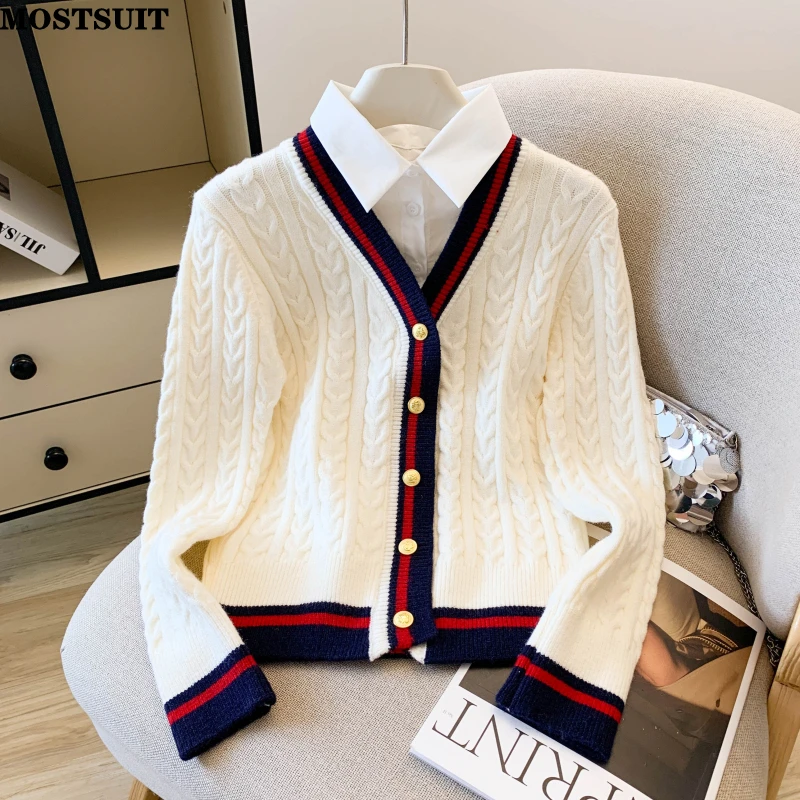 

Поддельные комплект из 2 предметов, стильный свитер, кардиган, женские полосатые витые вязаные трикотажные топы, однобортные джемперы с длинными рукавами