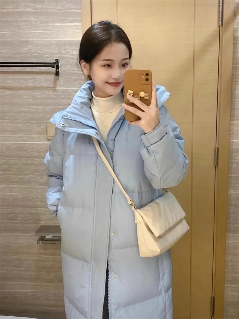 Korean Style Milk Blue Cotton Jacket For Women Medium To Long Length 2024 New Winter Warm Bread Jacket Cotton Coat Jacket