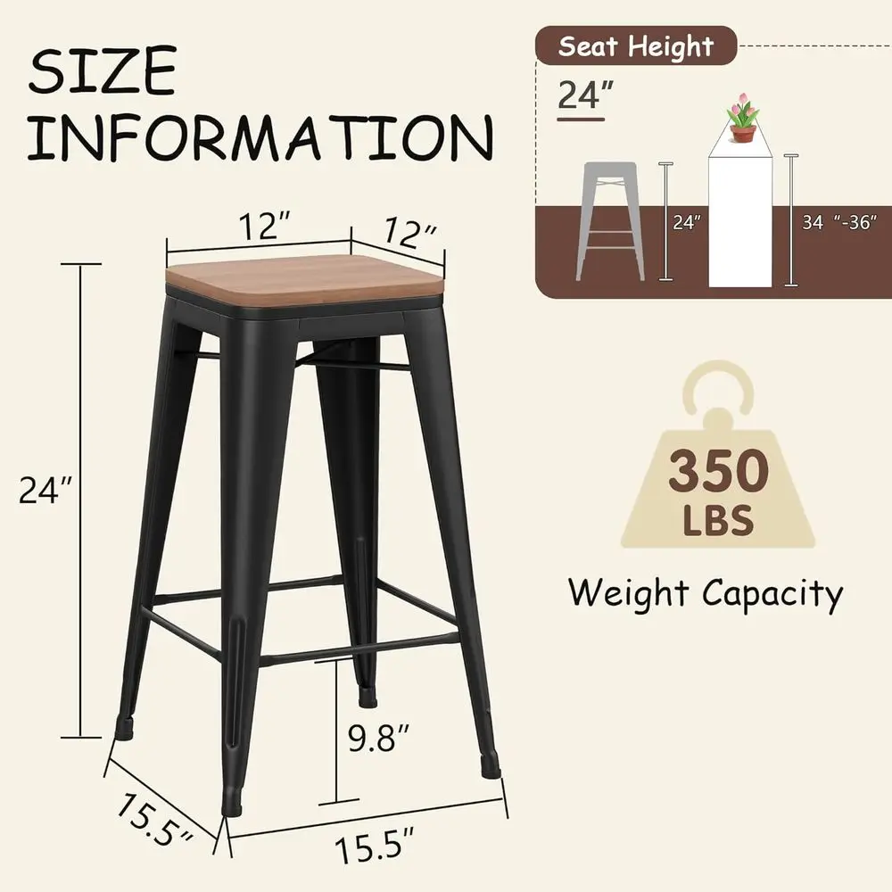 Bar Stools Set o 4 Stackable Metal Bar Stools Industrial Counter Height Stools BacklBarstools with Wooden Seats (24 inch, Matte