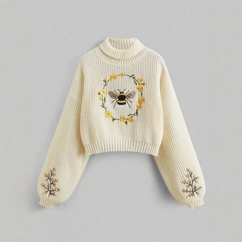 2025 Winter Neue High Neck Landschaft Stickerei Muster Einfarbig Pit Streifen Dicke Warme Pullover für Frauen