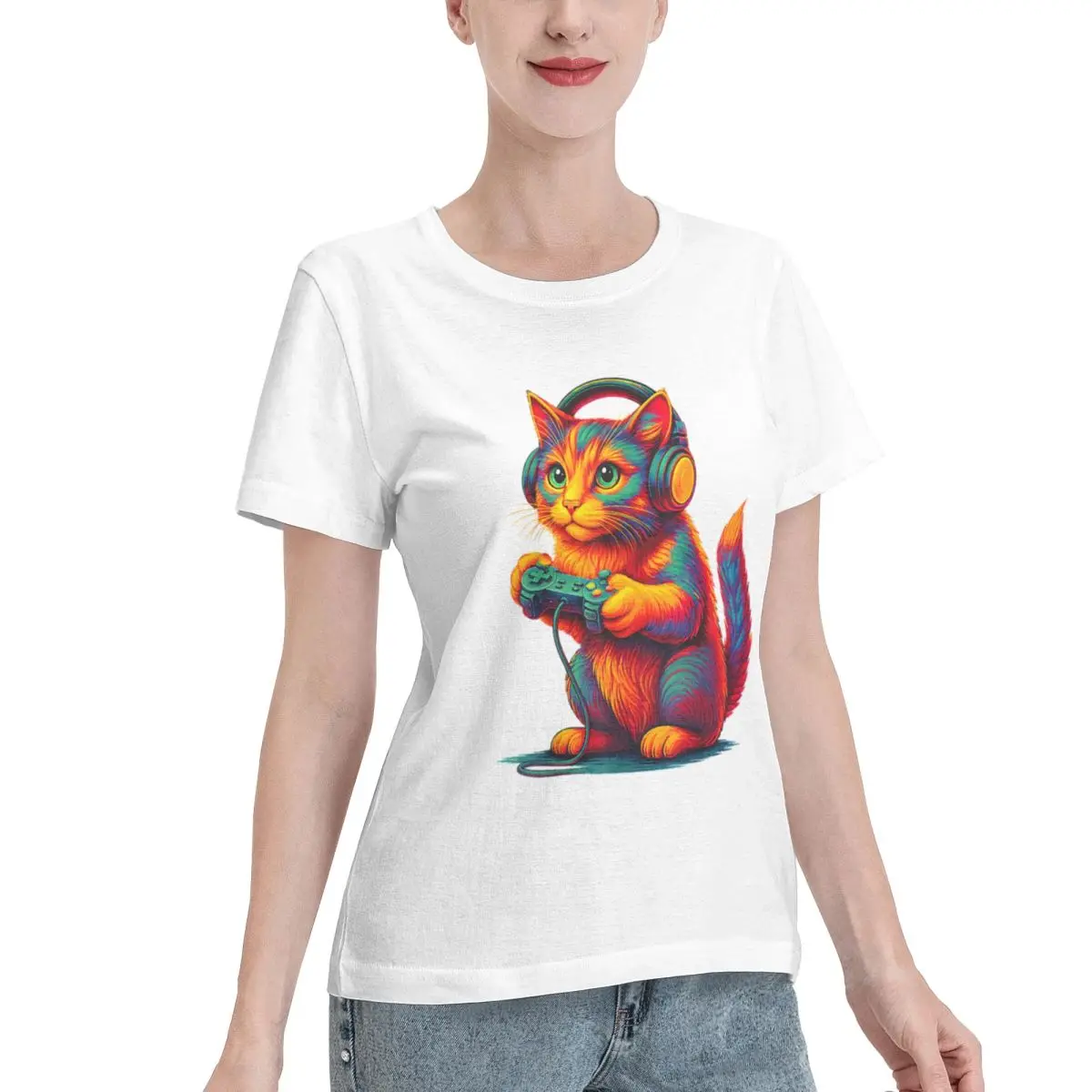 Skin Safe Gamer Cat Video Games Boys Teen Men Girls Funny Gift Gaming Women's T-shirt French Style Solid Color Tee
