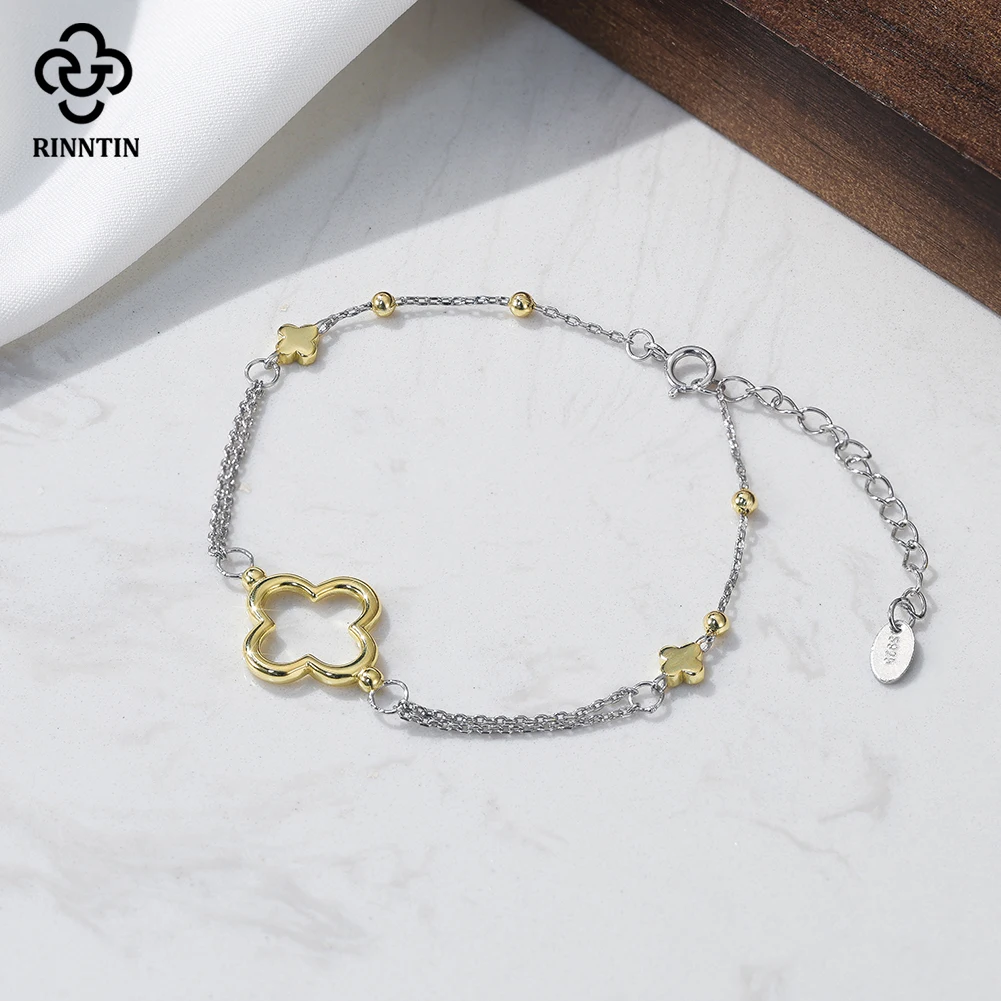 

Rinntin Lucky Clover Bracelet Elegant Temperament 925 Sterling Silver Four-Leaf Clover Chain Bracelet Wedding for Women GAB02