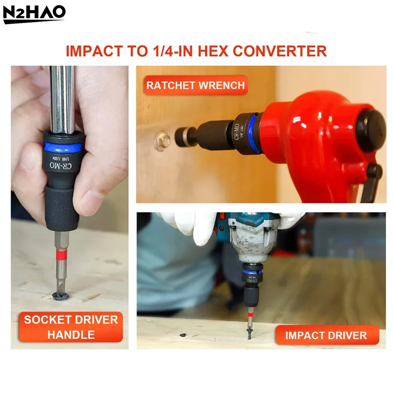 1Piece Impact Hex Converter For Screwdriver Bit 1/2 3/8 1/4-Inch Square Drive To 1/4-Inch Quick Release Hex Socket Wrench
