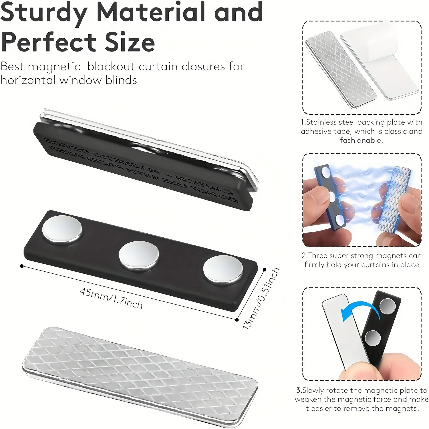 Magnetic curtain closure device, with adhesive for easy installation, suitable for all curtain sizes, safety sunshade cover seal