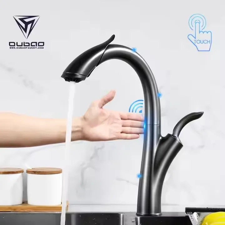 Luxury Brass Kitchen Sink Faucet Modern Fashion Design Gun Black Hot Cold Kitchen Pull Out Spray Mixer Sensor Tap Faucet 1 Hole