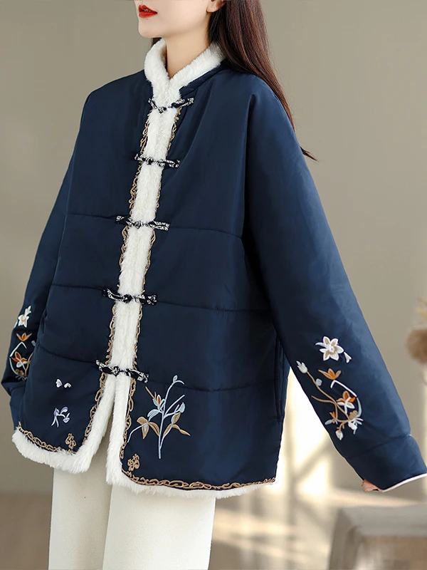 

New 2025 Winter Thiened Cotton Jaet Embroidered Stand Collar Warmth Retro Chinese Sle Commute Long Sve Single Button