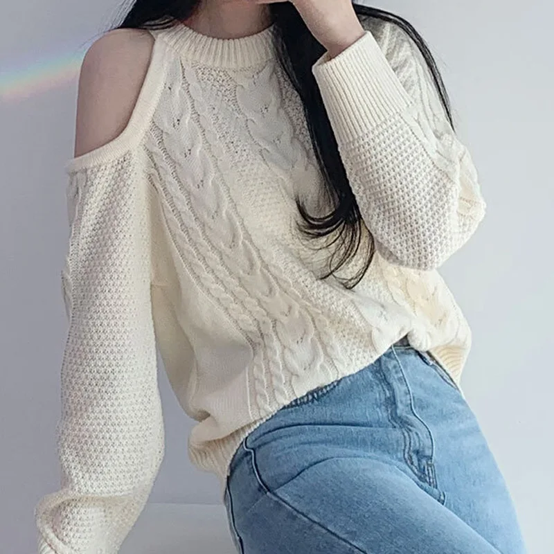 

Women's Off Shoulder Korean Style Pure Desire Design Sense Knitted Sweater Solid Color Round Neck Elegant Pullover