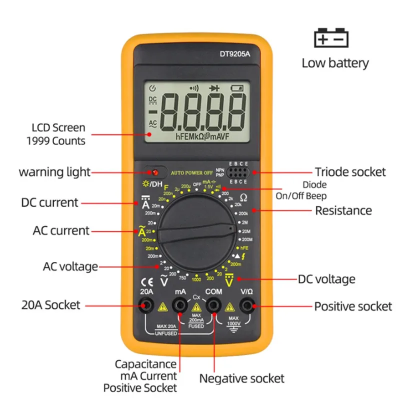 DT9205A Multimetro digitale AC/DC Transistor Tester elettrico NCV Test Meter professionale analogico Auto Range Multimetro