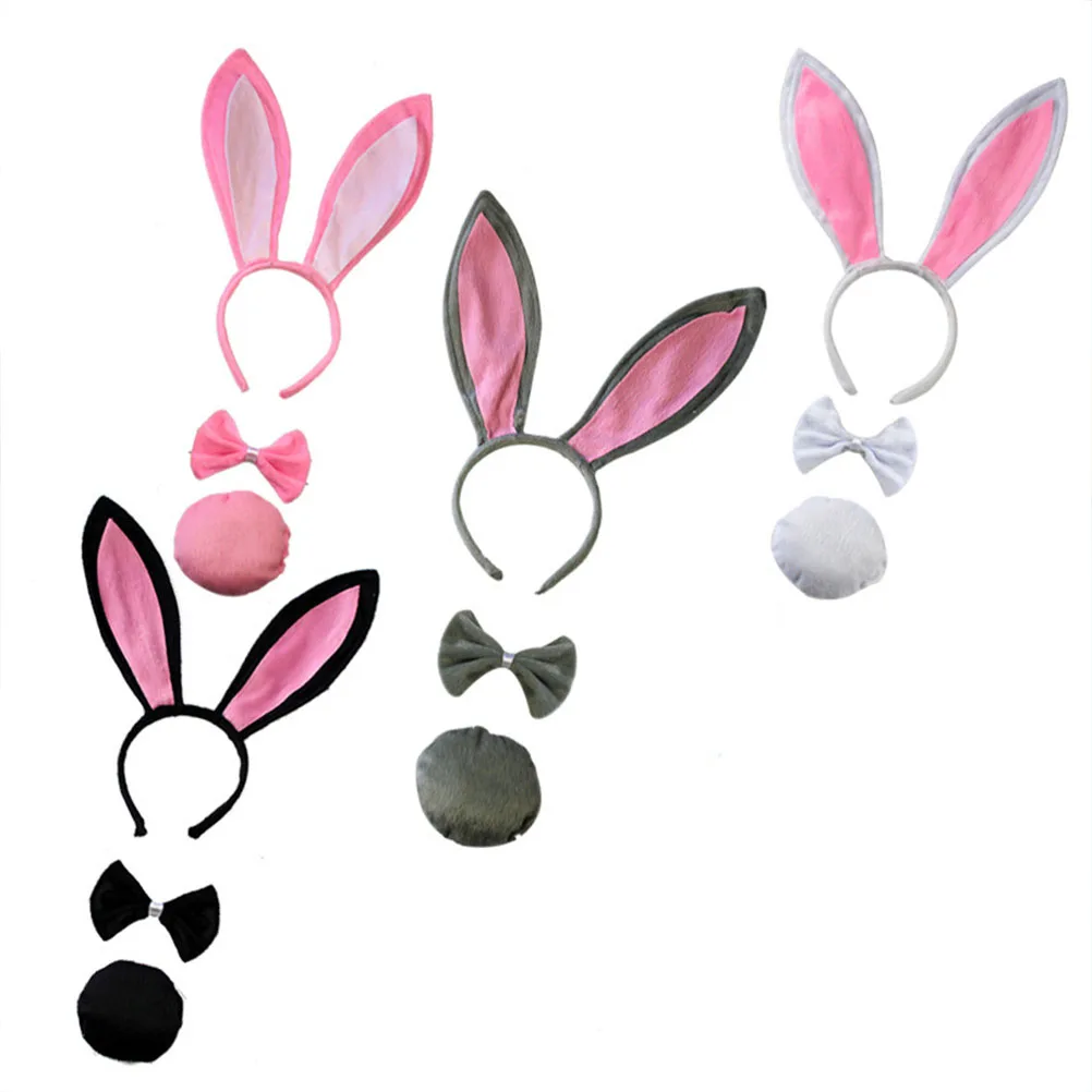 

3pcs Rabbit Ear Headband Set Animal Cosplay Headdress Hair Hoop Parent Child Easter Masquerade Accessories Rabbit Tail Set