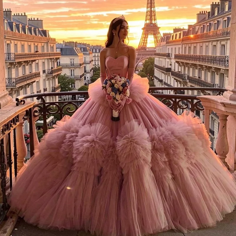 

Pink Quinceanera Dresses Off the Shoulder Glitter Crystal Decal Long tail Lace Layering Vestido e 15 Quinceanera Customize