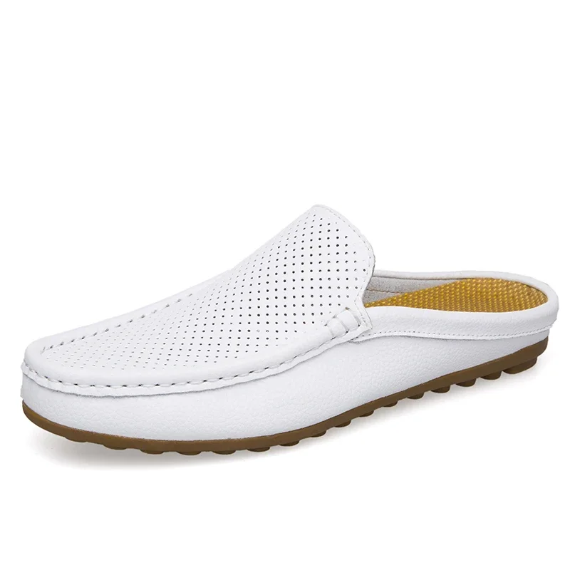 

Summer Men Moccasin Half Slippers Genuine Leather Closed Toe Casual Sandals