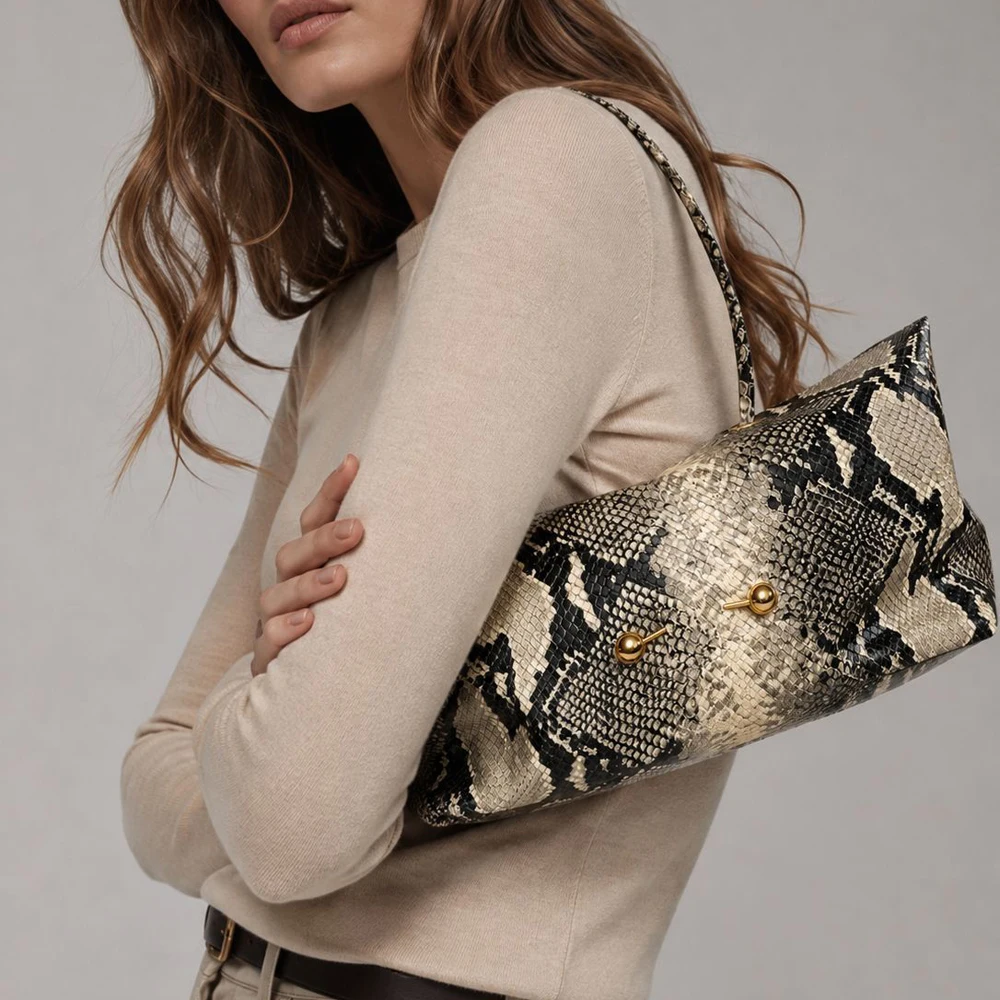 SHELKSBAG Women Croc Embossed Slouchy Lazy Style Soft Leather Tote Bag Large Capacity Gold Hardware Single Shoulder Handbag