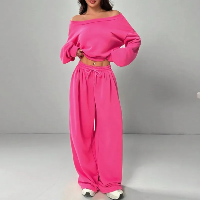 2025 Autumn and Winter New Product Casual Set Loose One Collar Off Shoulder Solid Color Pants Two Piece Set Women's Fashion Set