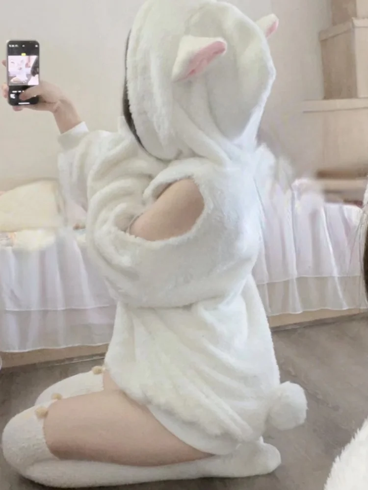 Japanese Lamb Wool Jacket Off Shoulder Sheep Ear Pullovers +short Pants Korean Fashion White Hooded Kawaii 2 Piece Sets Womens