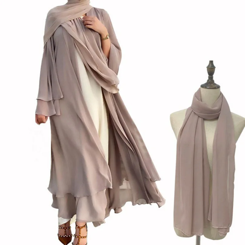 

Ramadan Chiffon Open Abaya Dubai Turkey Kaftan Muslim Women Casual Robe Femme Soild Color Caftan Marocain Islam Clothing Turban