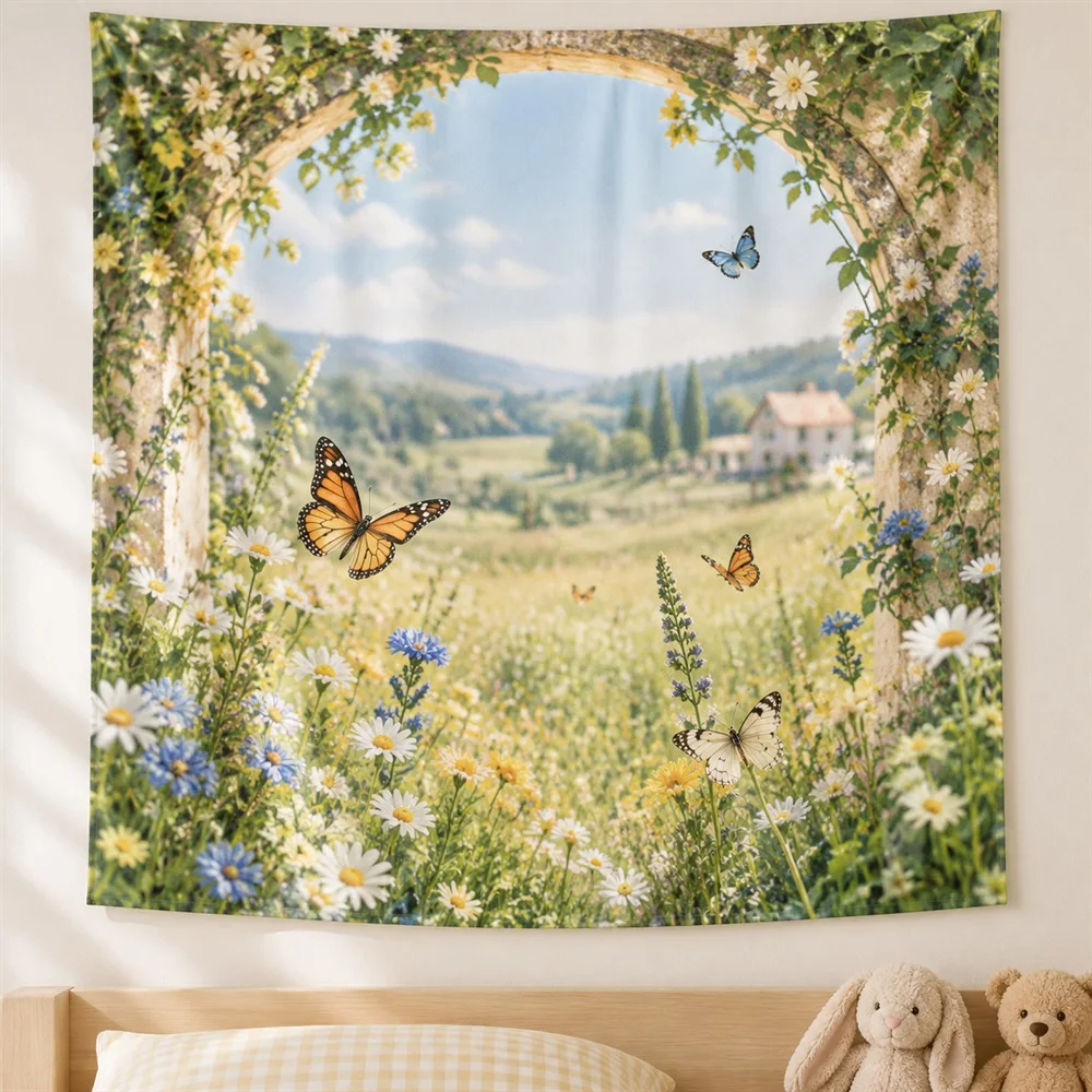 VIKAMA Butterfly Meadow Tapestry Wall Hanging, Aesthetic Cottage Room Decor Tapestries for Nursery Kids Room Bedroom Living Room