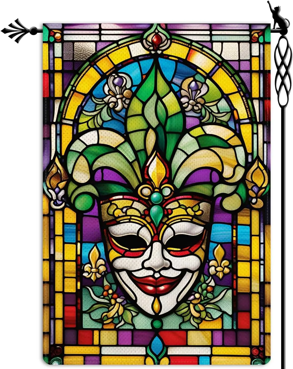 Mardi Gras Garden Flag Stained Glass Style Fleur de Lis Masquerade Mask Garden Flag Vertical Double Sided Rustic Farmland Bu ZZM