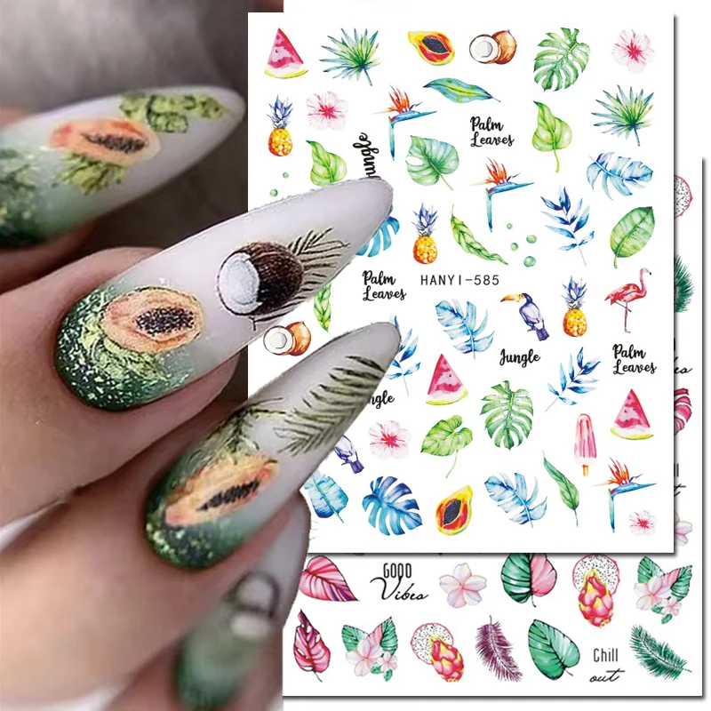 

3d Nail Art Stickers Tropical Palms Coconuts Pawpaw Frangipani Flowers Adhesive Sliders Nails Decals Decorations For Manicures