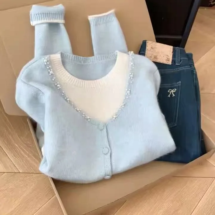 

Корейский дизайн, длинный светящийся вязаный свитер, женский ранняя осень, новый универсальный утягивающий круглый топ, модный