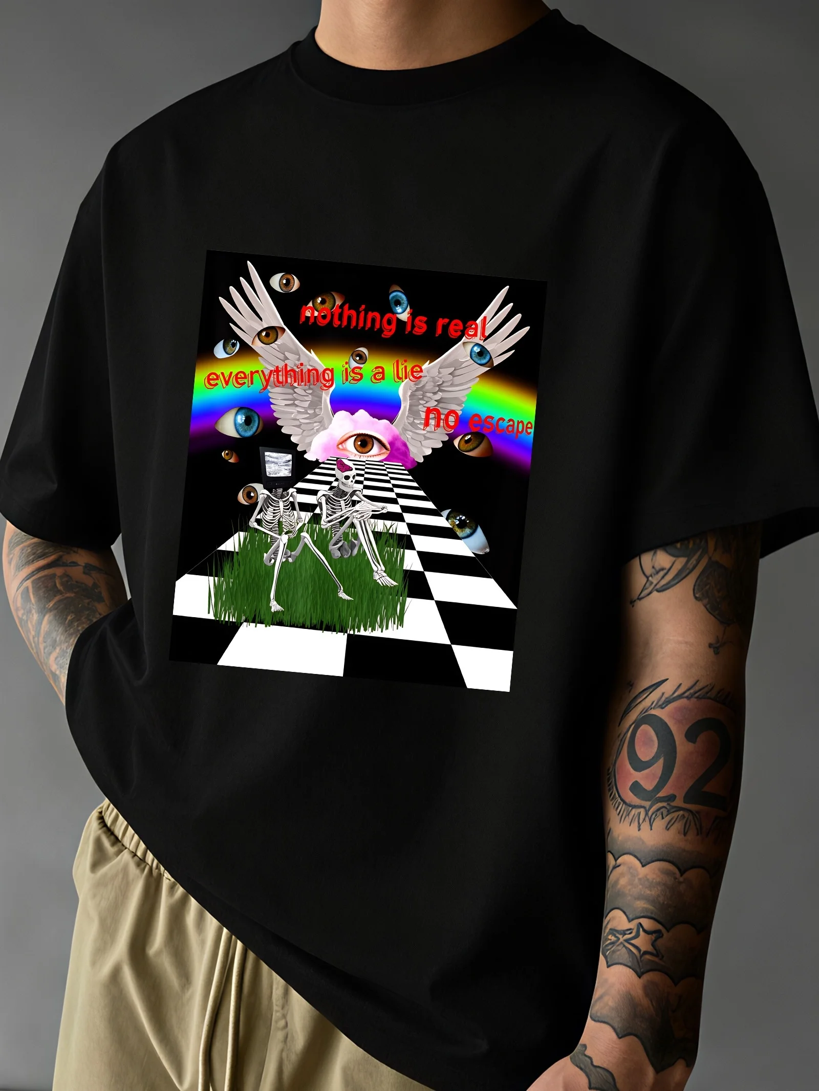 Men's 180g Heavyweight Cotton T-Shirt Weirdcore Dreamcore Art Print with Surreal Skeleton, Rainbow Eyes Checkered Pattern