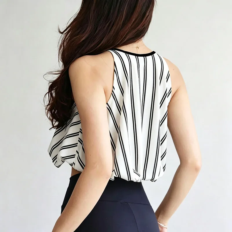 2026 New Women Black White Stripe Color Block Off Shoulder Sleeveless Padded Yoga Tops Fashion Sports Fitness Activewear