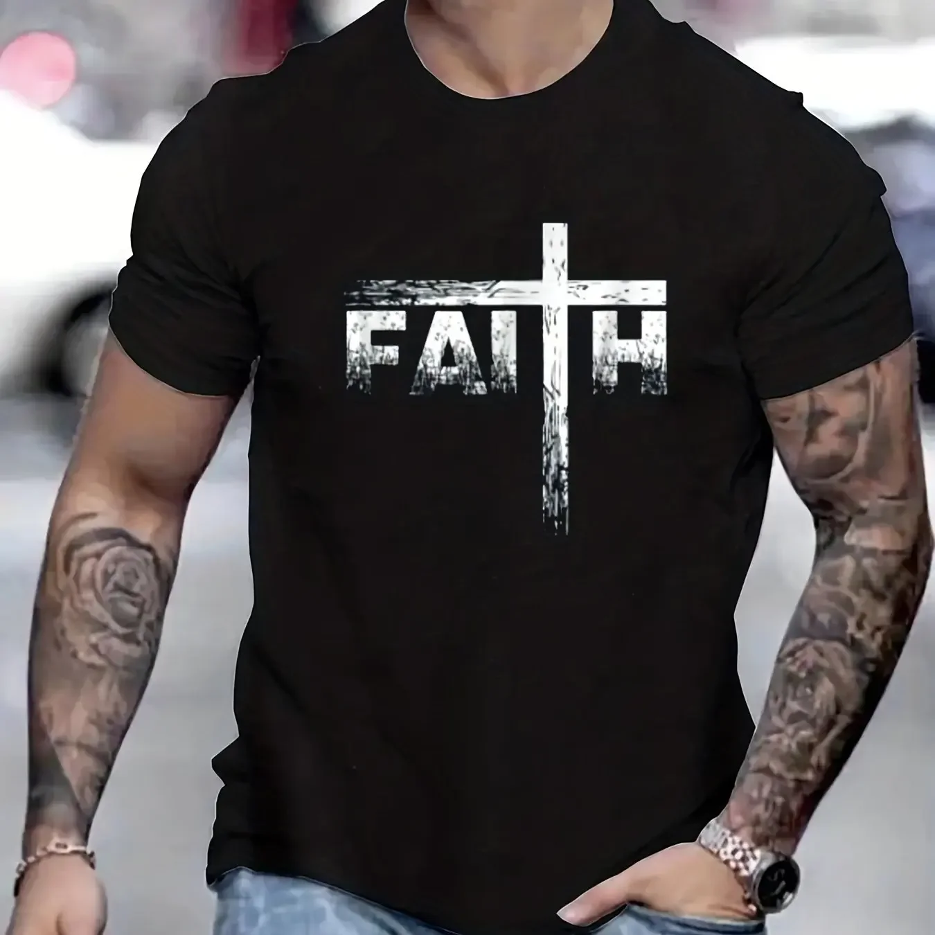 

Pop Men's Summer Style Cotton Faith Print Loose Large Casual Round Neck Short Sleeve T-shirt