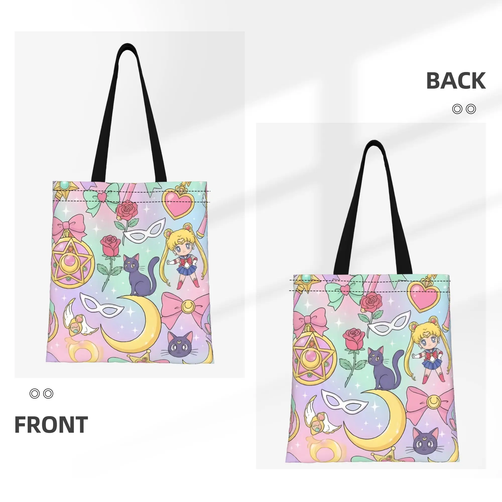 1PC Large Capacity Girl & Luna Sailor Moon Canvas Tote Bag Foldable Chic Pattern No Closed Design