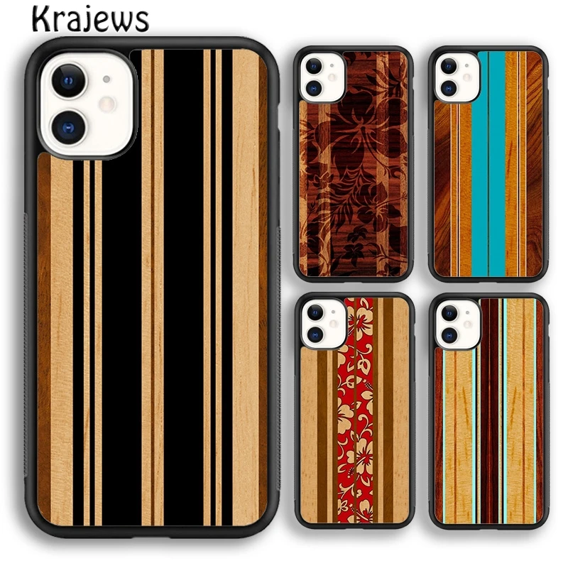 Krajews Hawaiian Faux Wood Surfboard Phone Case Cover For iPhone 16 15 SE2020 14 6 7 8 plus 11 12 13 pro max coque Fundas