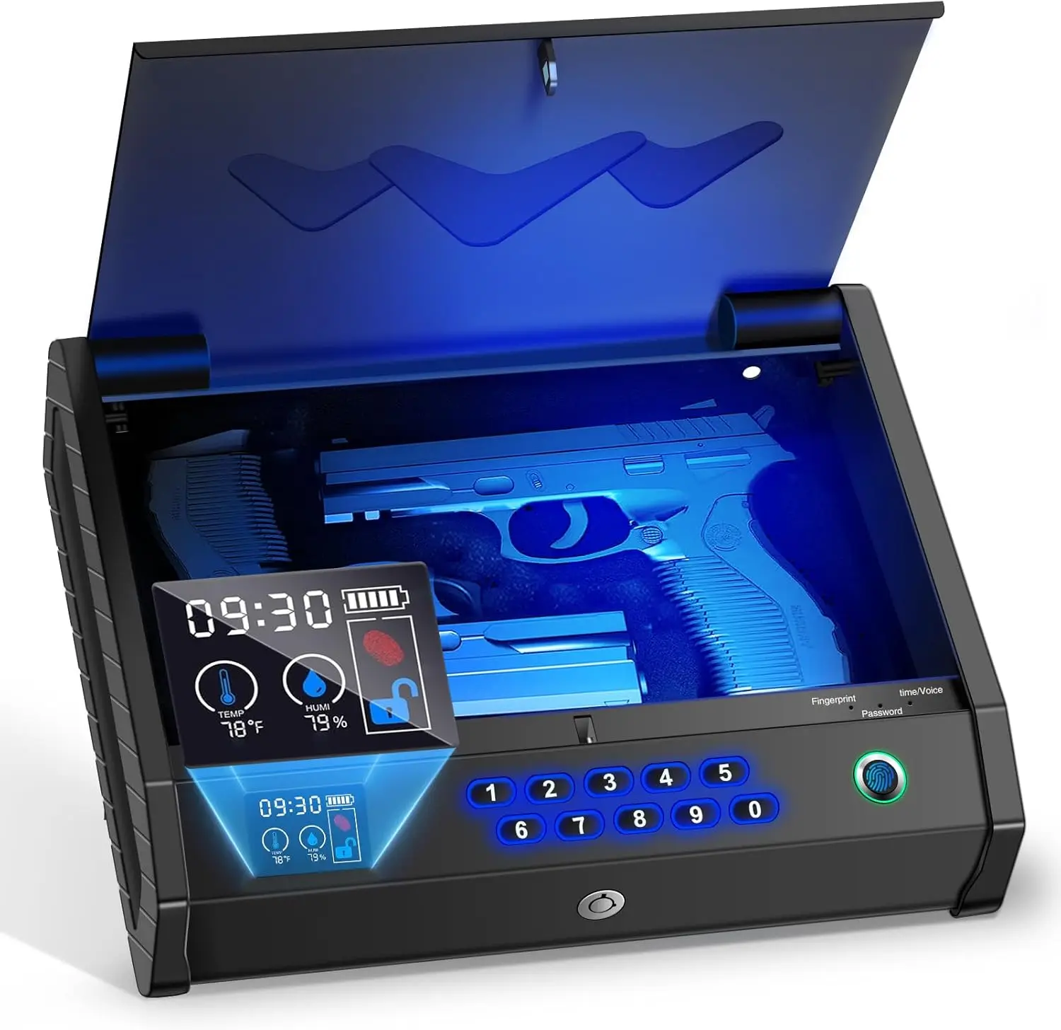 Gun Safe, Biometric Gun Safes for Handgun with LCD of Temp Humidity Battery, USB-C Port, Fingerprint Quick Access Pistol Safe fo