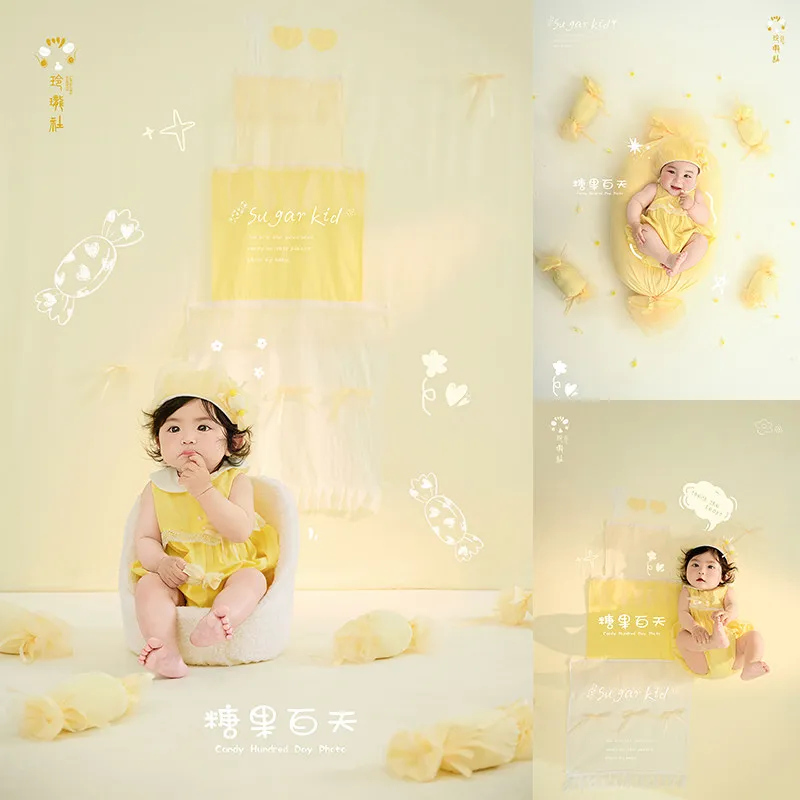 Newborn Photography Props 100 Days Yellow Sugar Theme Set Outfit Hat Backdrop for Sudio Photoshoot Accessories Decorations
