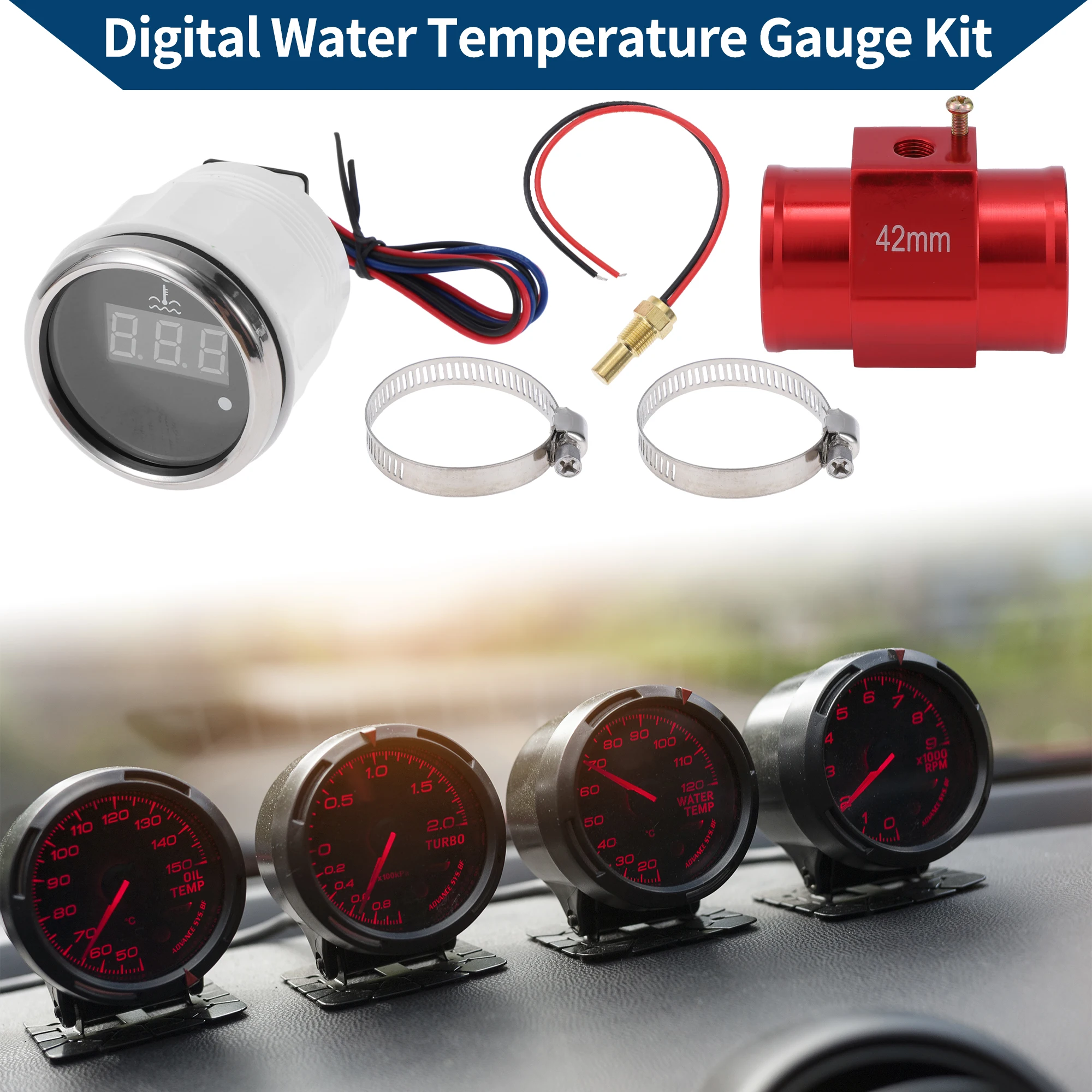 UXCELL 26/28/30/32/34/38 cm Pipe outer diameter Auto Digital Water Temp Gauge Kit with Joint Pipe and Sensor Adaptor