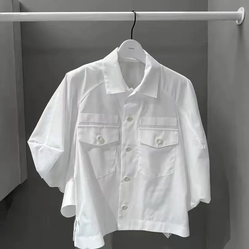 

25 Spring/summer new solid color pocket shirt loose short sleeve shirt top ladies tops