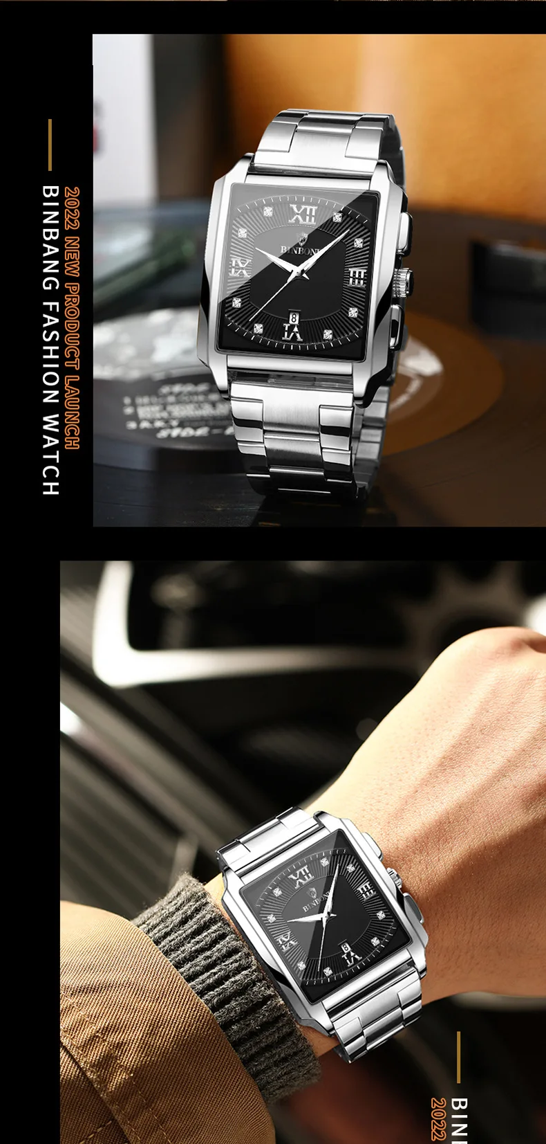 Часы BINBONG мужские Кварцевые водонепроницаемые, роскошные модные дизайнерские светящиеся с квадратным циферблатом, с золотым ремешком, B4143