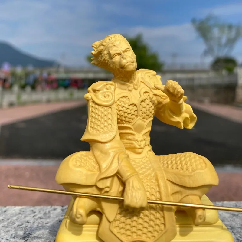 Boxwood Carved Monkey King Sun Wukong Figurine Art Crafts, Home & Office Decor, Living Room Desktop Ornament