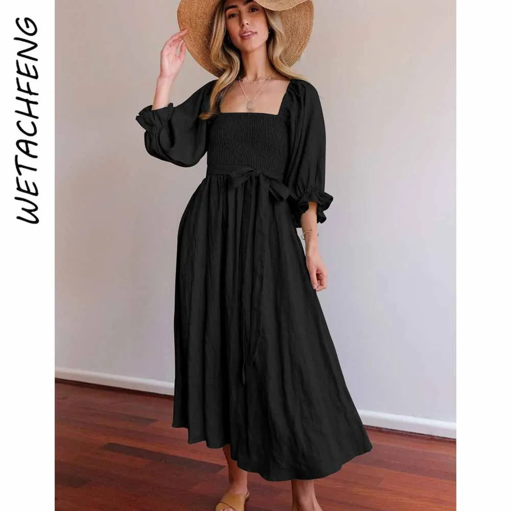 Women Dresses Elegant France Romance Chic Maxi Dress Lantern Sleeve Ruffles Lace Up Belt Long Cotton Vestidos Boho Party Robe