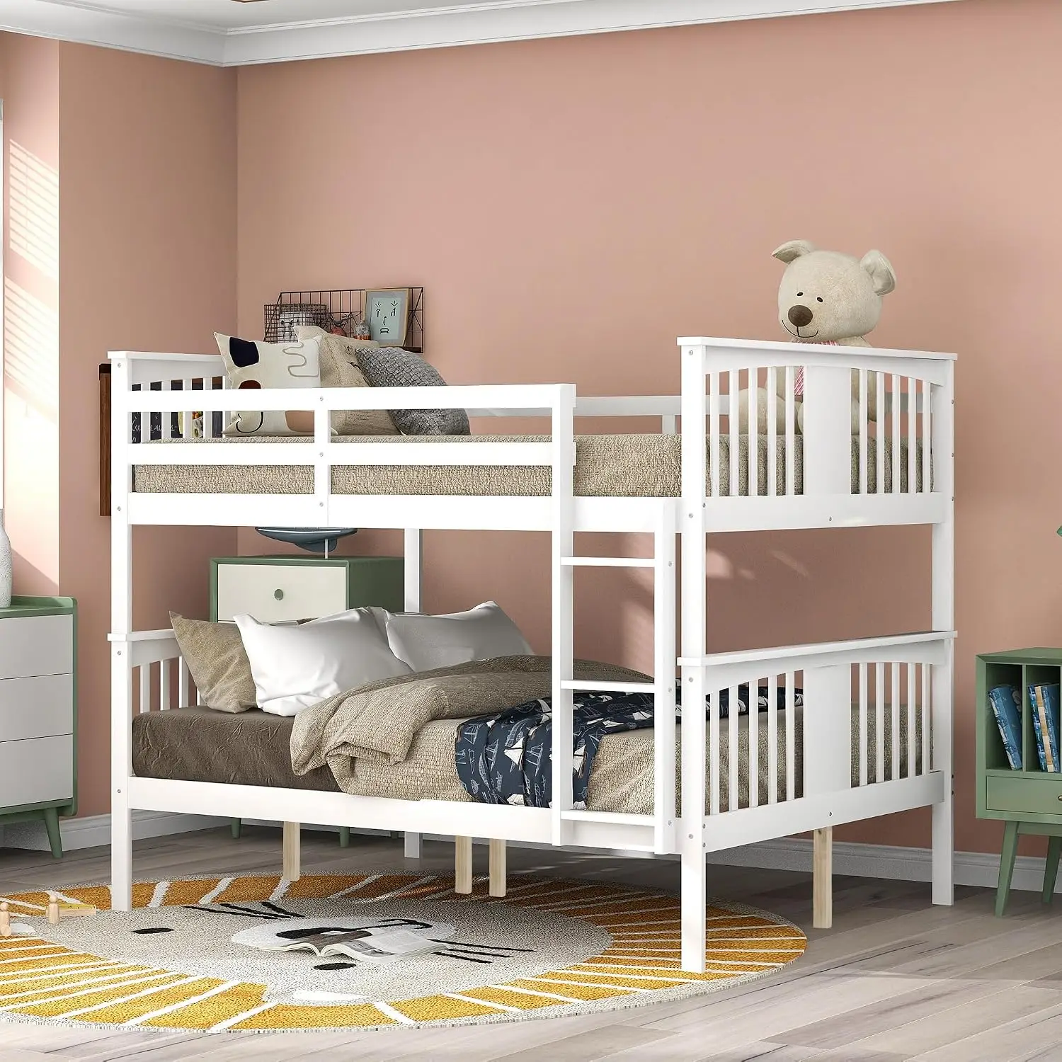 Full Over Full Bunk Bed Convertible to 2 Beds, Solid Pine Wood Frame with Guardrail & Headboard,  Customized