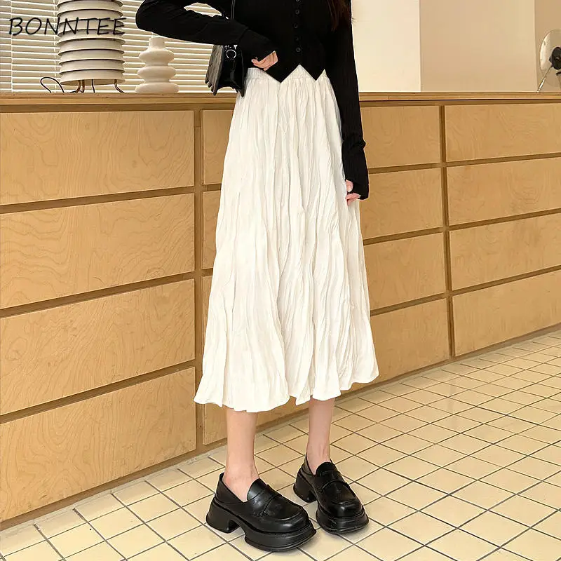 Pleated Midi Skirts Women Elegant All-match Solid High-waist Faldas Spring A-line Fashion Streetwear Temper Aesthetic Tender