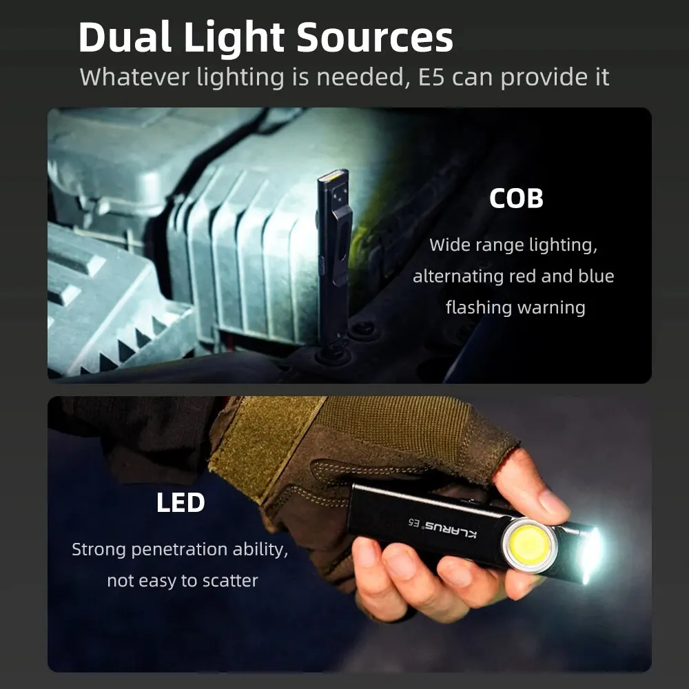 Klarus E5 COB Flashlights Magnetic Dual Light Torch 8 Lighting Modes USB C Rechargeable EDC Flashlight Strobe for Emergency Use