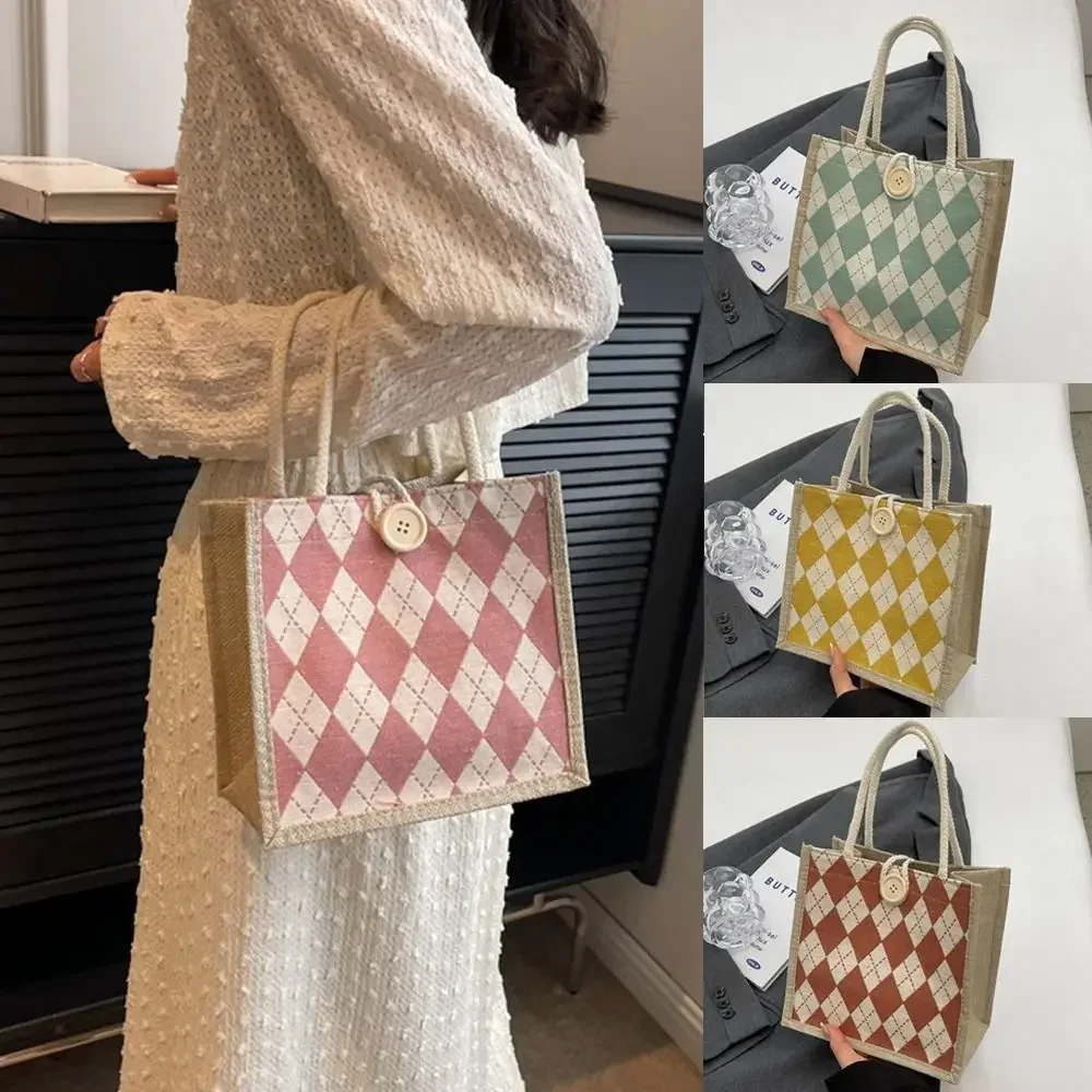 Large-capacity Rhombus Canvas Handbag Portable Linen Fabric With Button Small Tote Bag Reusable Lunch Bags