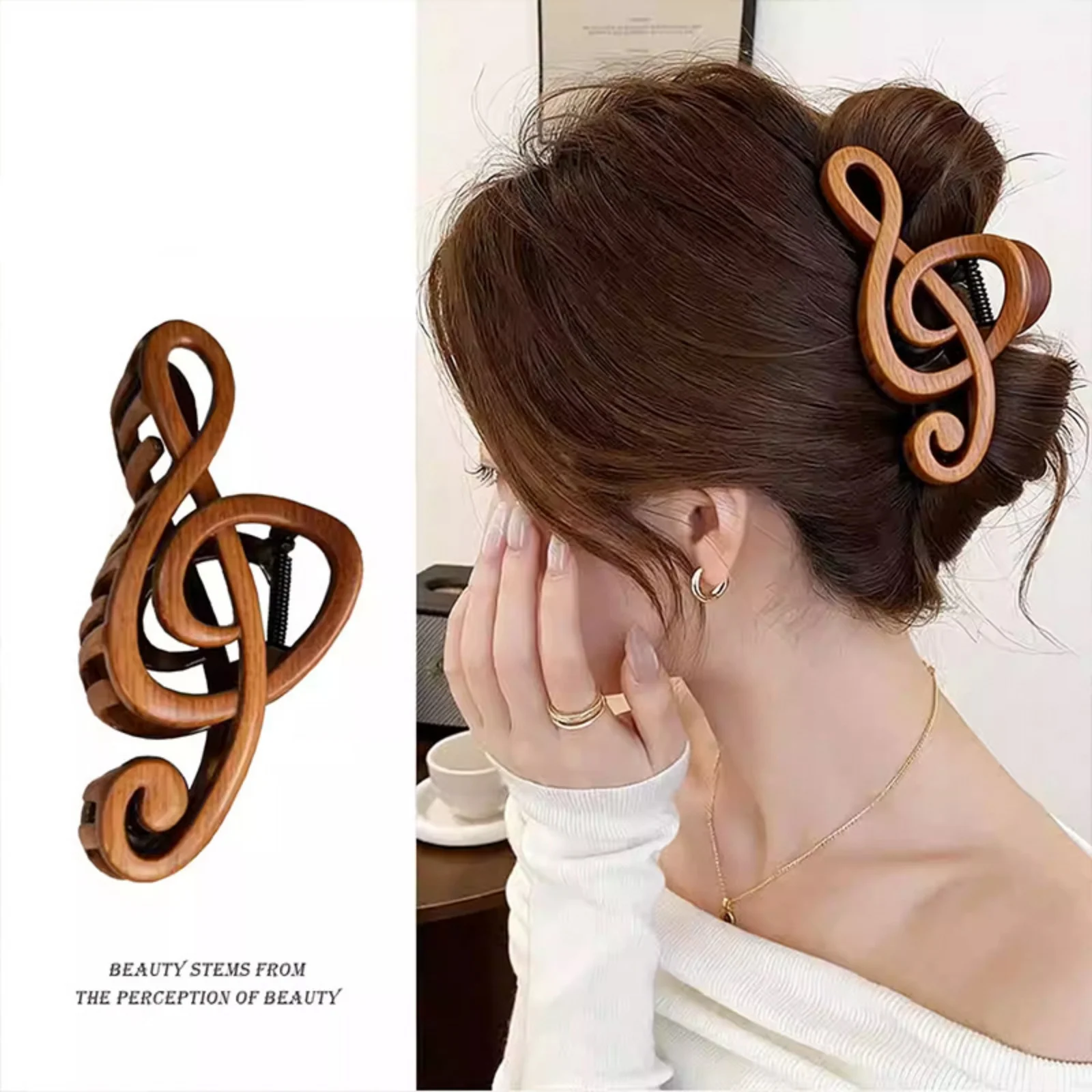 Extra große 13 cm Haarspange mit Holzmaserung und Violinschlüssel-Design, Retro-Haarklammer für Hochsteckfrisuren, Haar-Accessoires für Damen, Alltagsmode – Detail 1